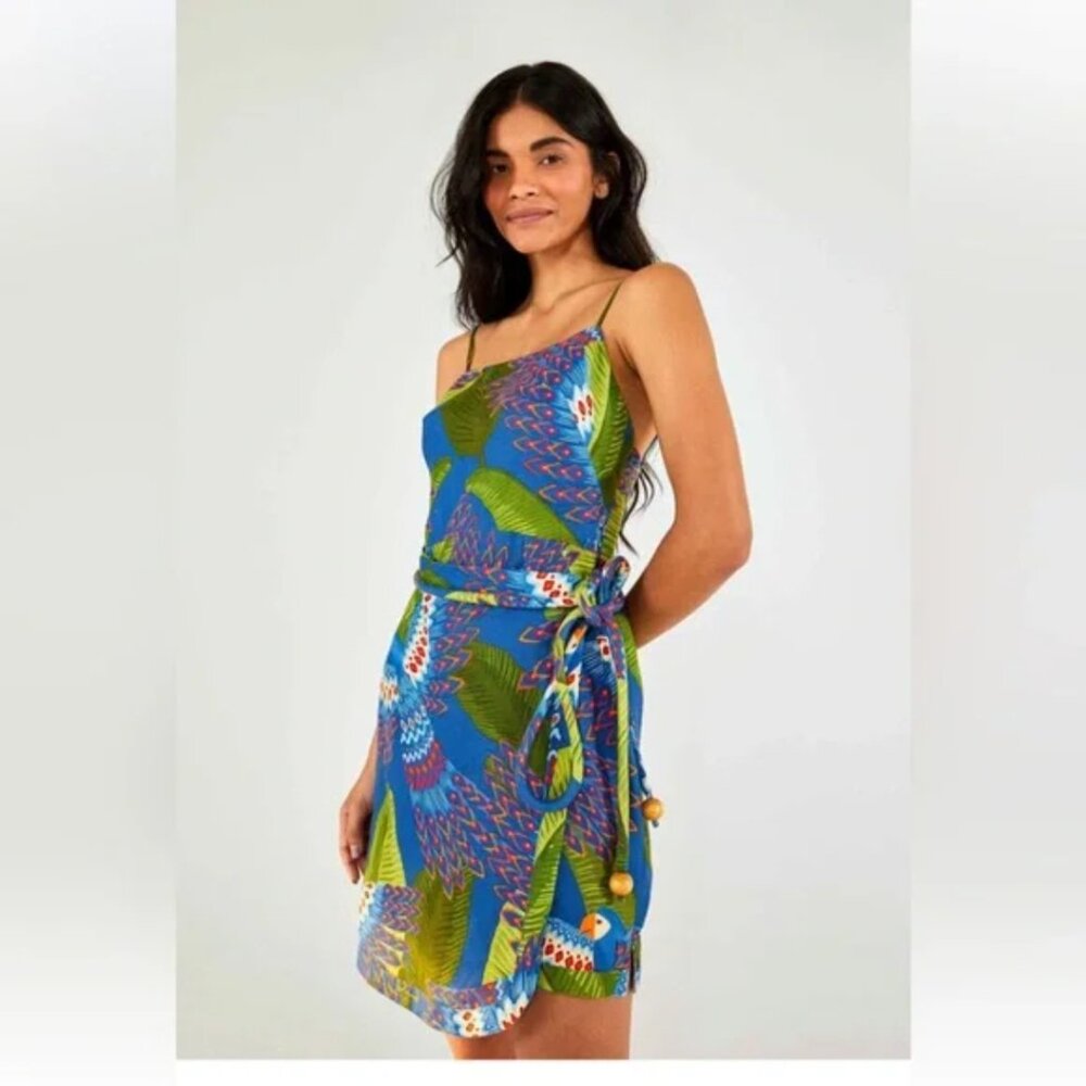 Farm Rio Blue Macaw Parrot Bird Square Neck Sleeveless Linen Mini Dress Sz M